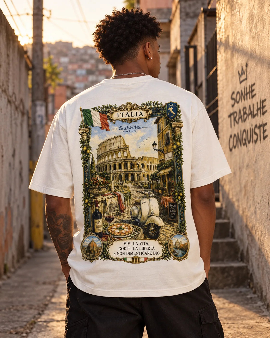 Modelo vestindo Camiseta Visionário Itália